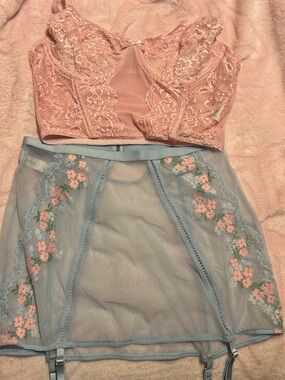 Pink Lace Bustier with Blue Floral Embroidered Garter Slip